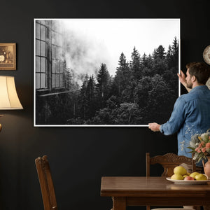 Black White Forest Wall Art Canvas Print, Misty Pine Tree