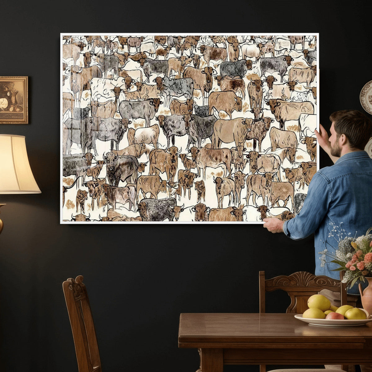 Abstract Longhorn Wall Art Canvas Print - Cow Animal Drawing