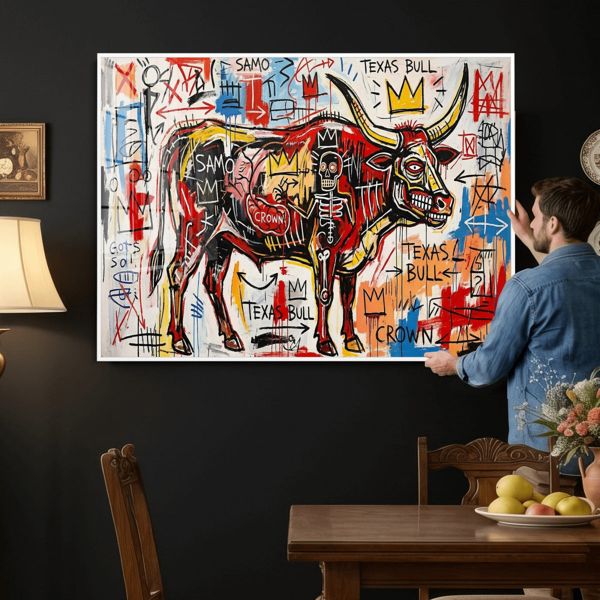 Texas Bull Wall Art Canvas Print, Abstract Graffiti Bull