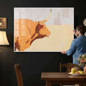 Minimal Longhorn Bull Wall Art Canvas Print, Neutral Western