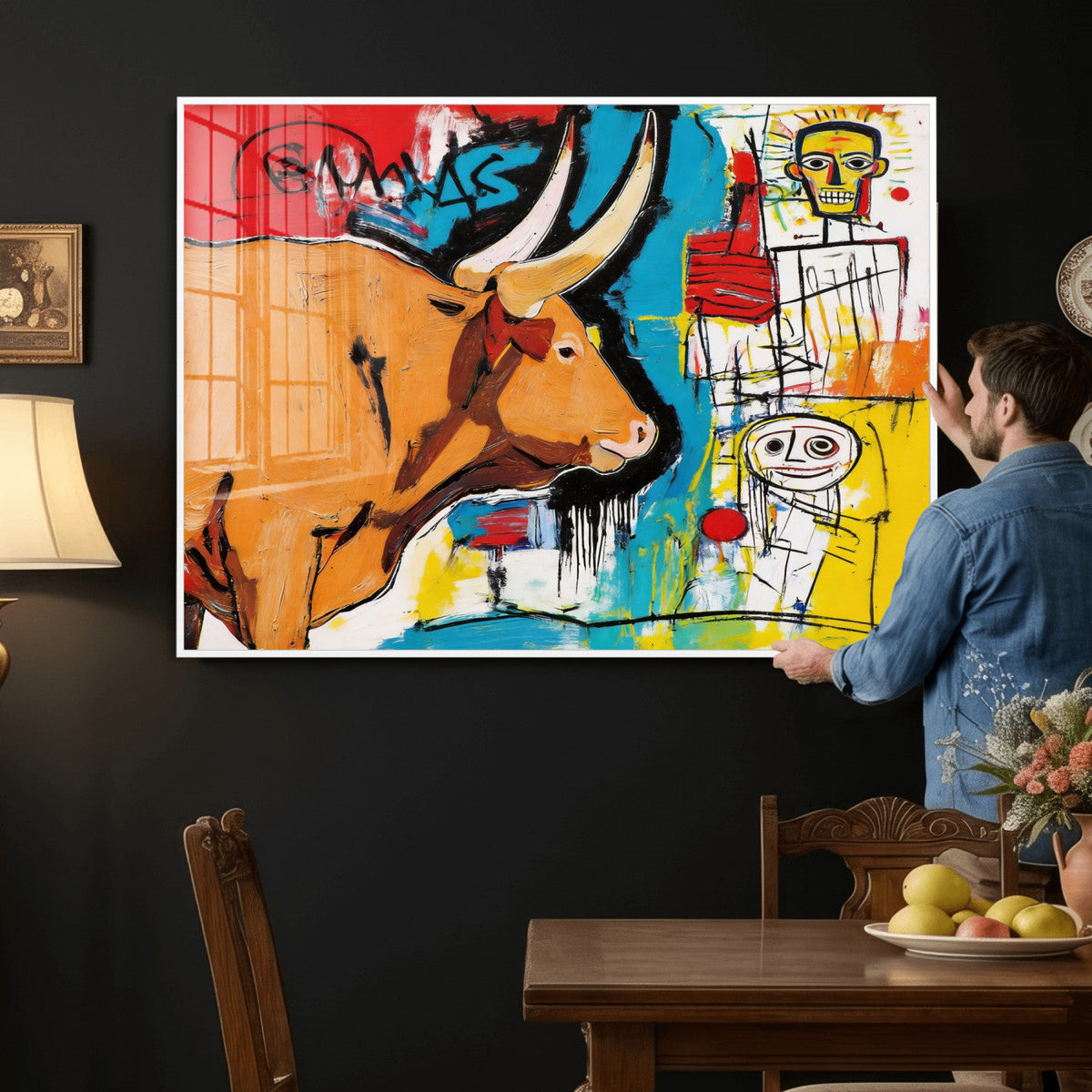 Basquiat Style Bull Graffiti Wall Art Canvas Print, Street
