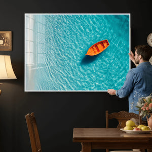 Minimalist Boat Wall Art Canvas Print, Aerial Sea Landscape