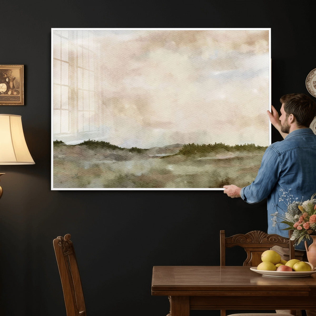 Muted Watercolor Hill Landscape Print — Beige Taupe Cloudy