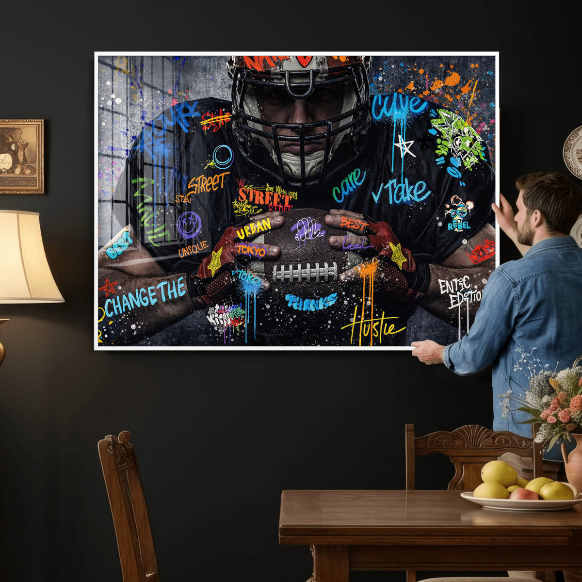 Graffiti American Football Player Street Art Wall Art Canvas
