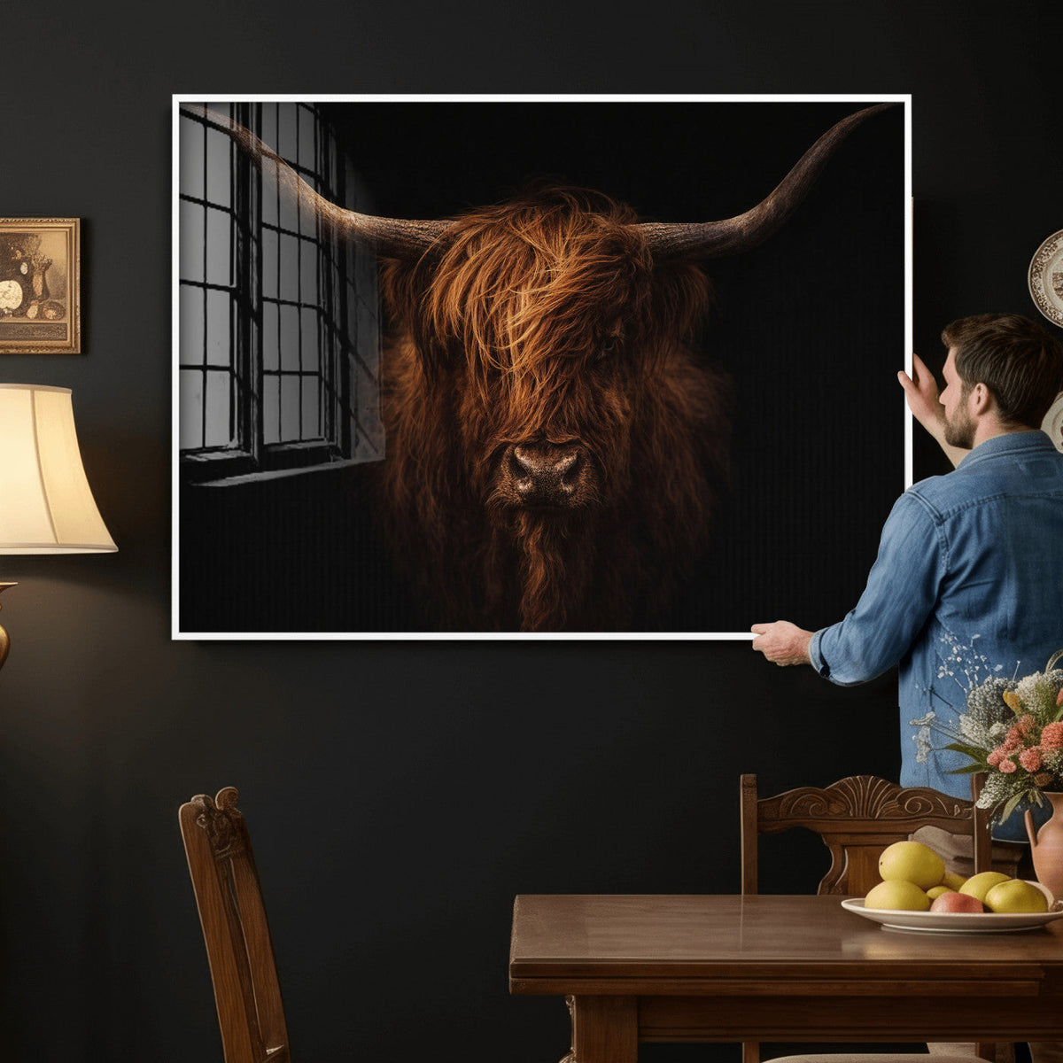 Highland Cow Wall Art Canvas Print – Moody Dark Rustic