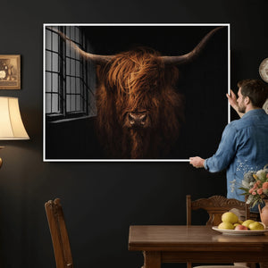 Highland Cow Wall Art Canvas Print – Moody Dark Rustic