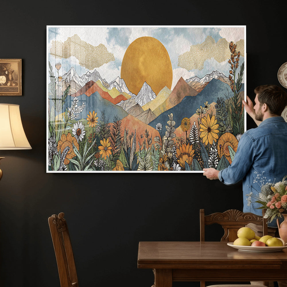 Boho Mountain Landscape Large Wall Art, Horizontal Gold