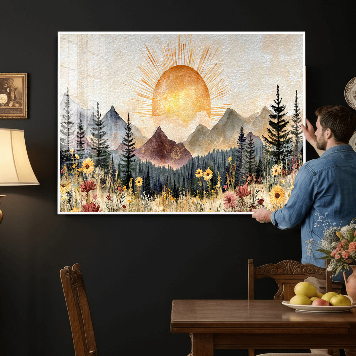 Boho Mountain Landscape Large Wall Art, Horizontal Gold