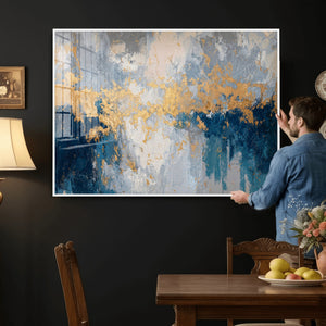 Blue Gold Abstract Large Framed Canvas Wall Art, Modern