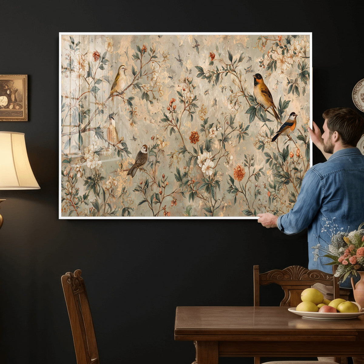 Vintage Birds and Flowers Wall Art Canvas Print, Botanical