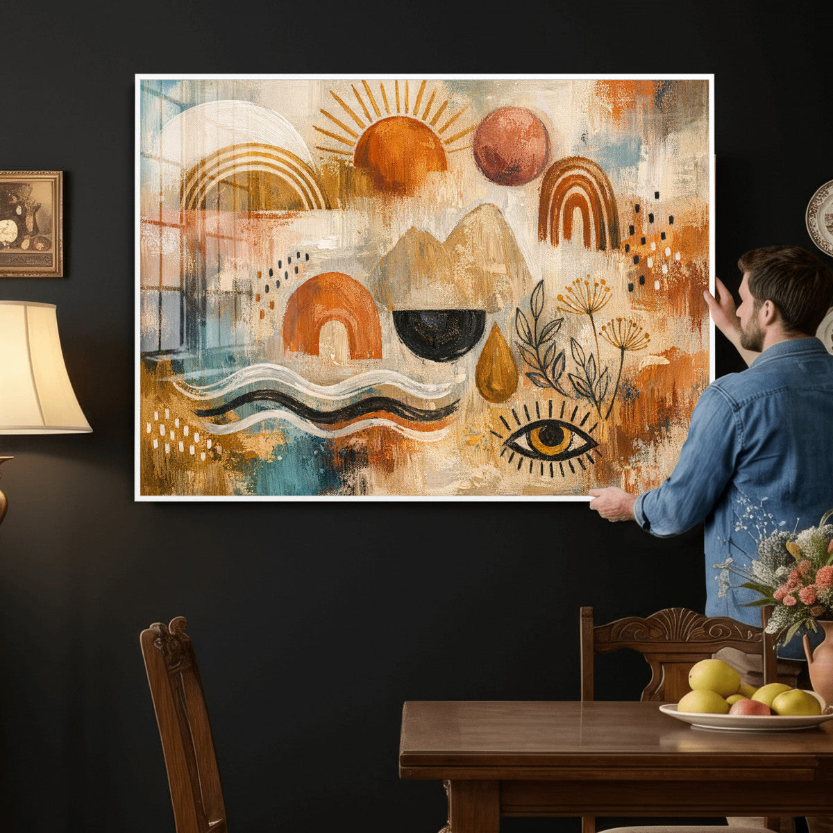 Geometric Boho Abstract Wall Art Canvas Print, Orange Blue