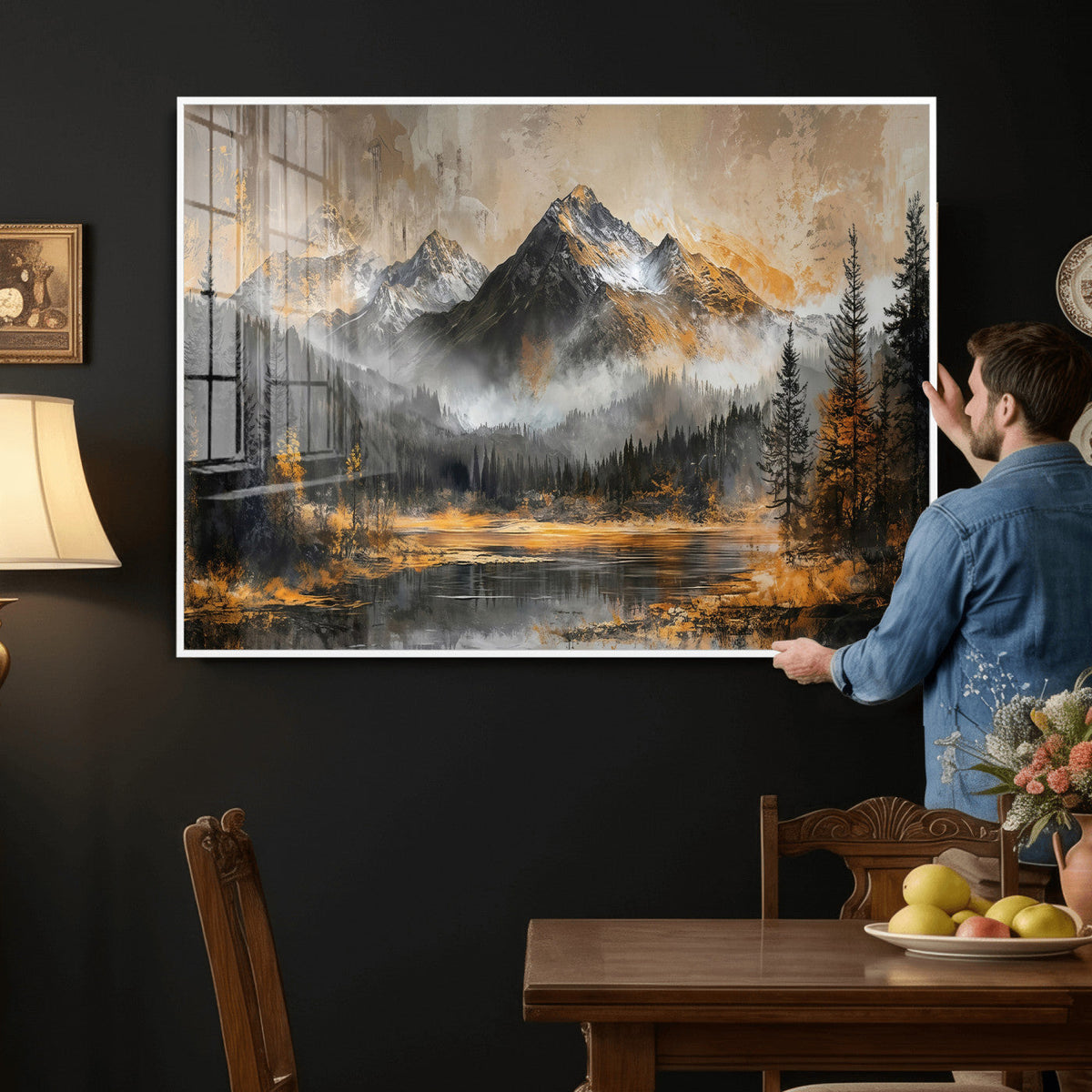Mountain Lake Canvas Wall Art — Rustic Forest Landscape
