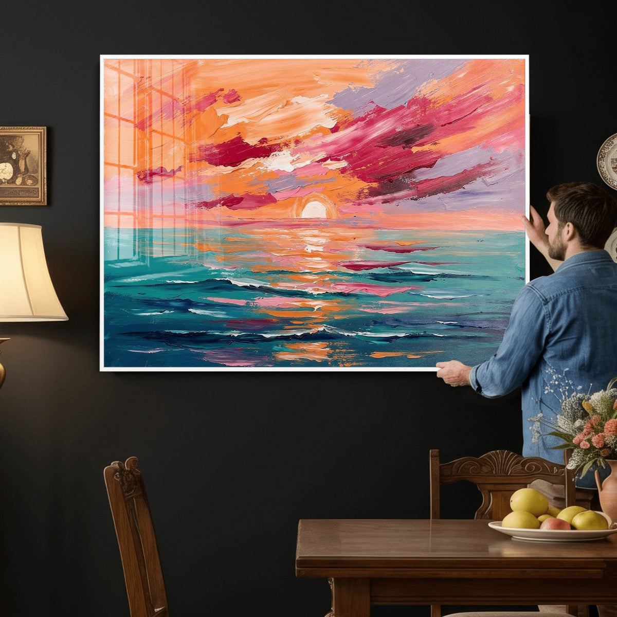 Bold Palette Knife Ocean Sunset Canvas — Orange Pink Teal