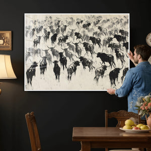 Longhorn Cattle Canvas Wall Art, Black White Stampede Ink