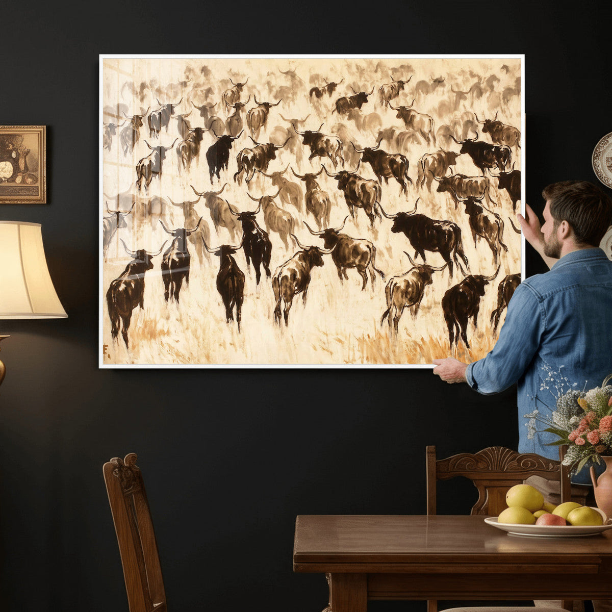 Texas Longhorn Sepia Canvas Wall Art, Western Cattle