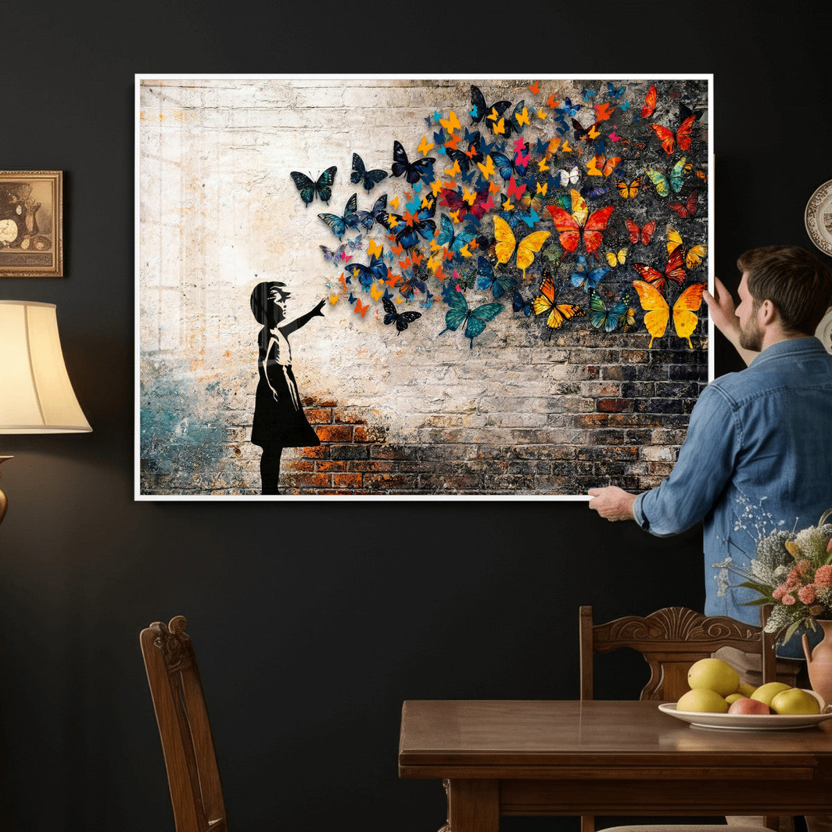 Banksy Graffiti Butterfly Girl Wall Art Canvas Print, Framed