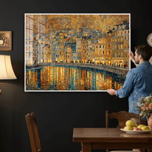 Gustav Klimt Golden Cityscape Wall Art Canvas Print, Framed