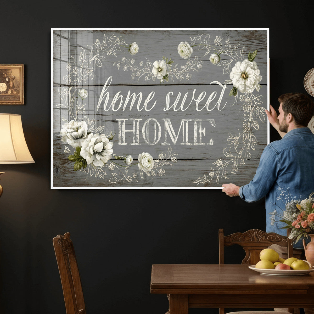Home Sweet Home Wall Art Canvas Print, Floral Farmhouse