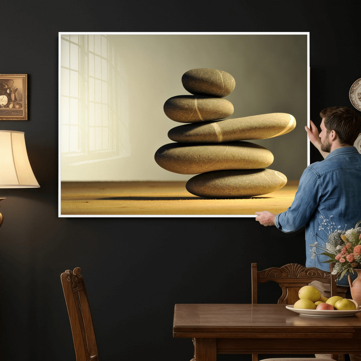 Zen Stone Wall Art Canvas Print, Balanced Rock Stack Framed