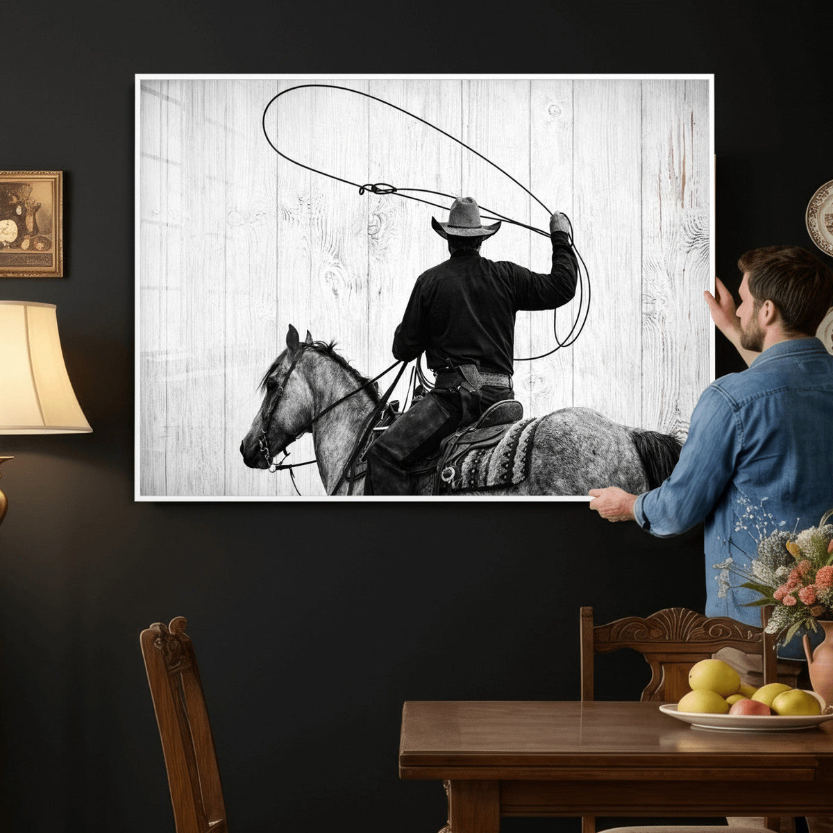 Cowboy Lasso Canvas Wall Art, Black White Western Horse