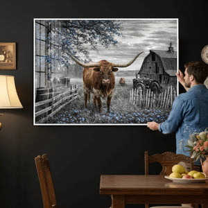 Texas Longhorn Canvas Wall Art, Rustic Farm Barn Bluebonnet