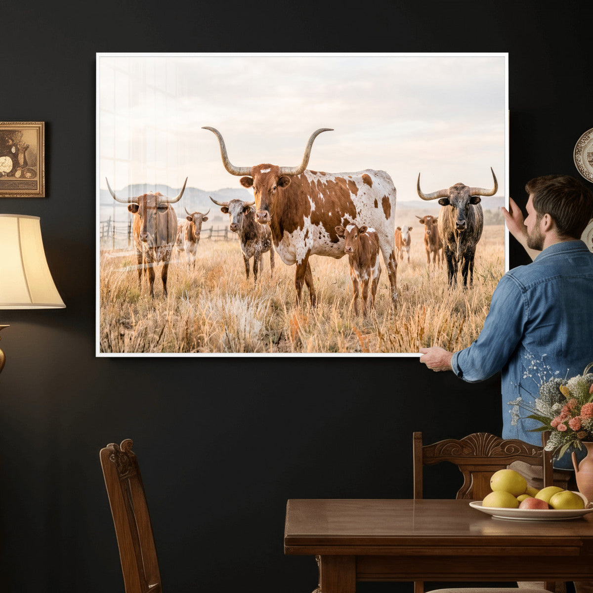 Texas Longhorn Canvas Wall Art, Rustic Farm Animal Photography Print, Farmhouse Country Decor, Western Ranch Art