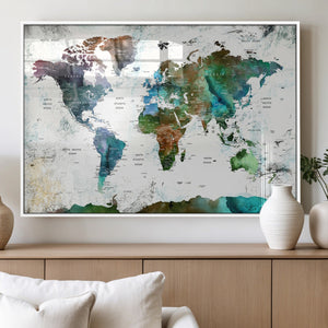 Modern Watercolor World Map Canvas Wall Art – Framed