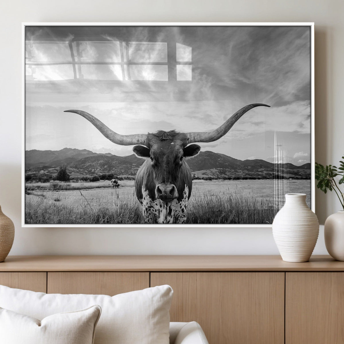 Longhorn Black and White Wall Art – Rustic Western Bull