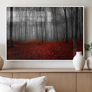 Red Forest Floor Canvas Wall Art – Mystical Foggy Woodland