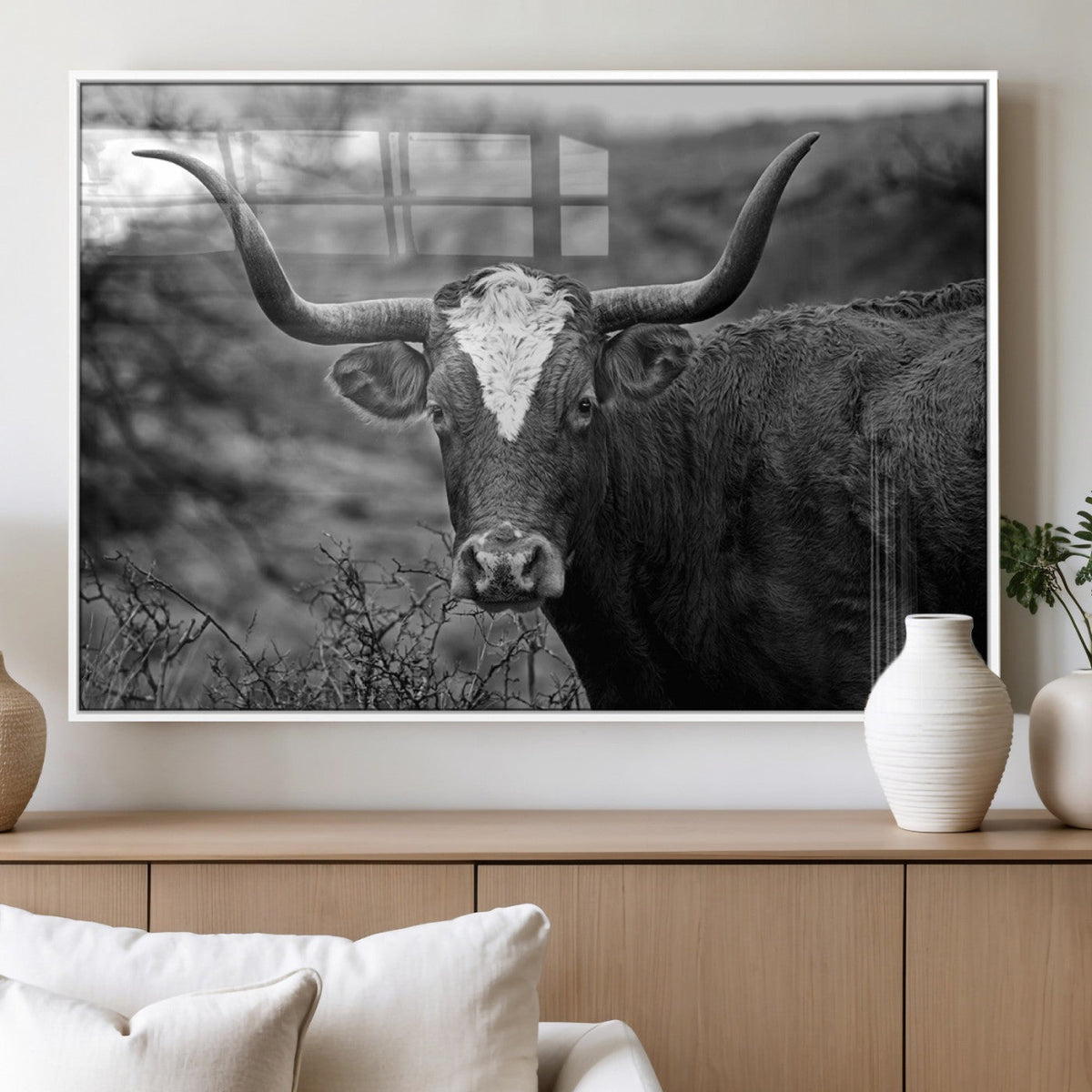 Western Home Wall Art Canvas Print, Framed Texas Longhorn