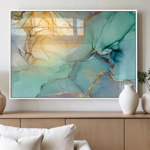 Abstract Aqua and Gold Fluid Wall Art Canvas | 3 Panel Large