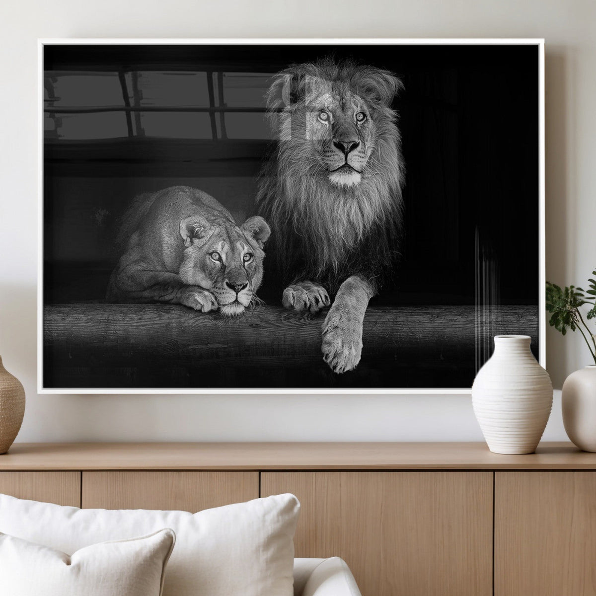 Large Black and White Lion Couple Wall Art Canvas Print –