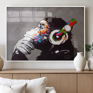 Dj Monkey Listening to Music Wall Art Print | Banksy Monkey