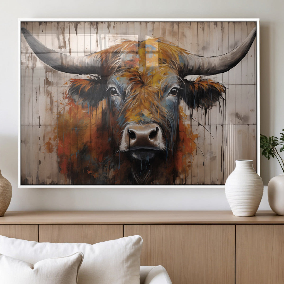 Abstract Bull Highland Cow Canvas Wall Art Print – Vibrant