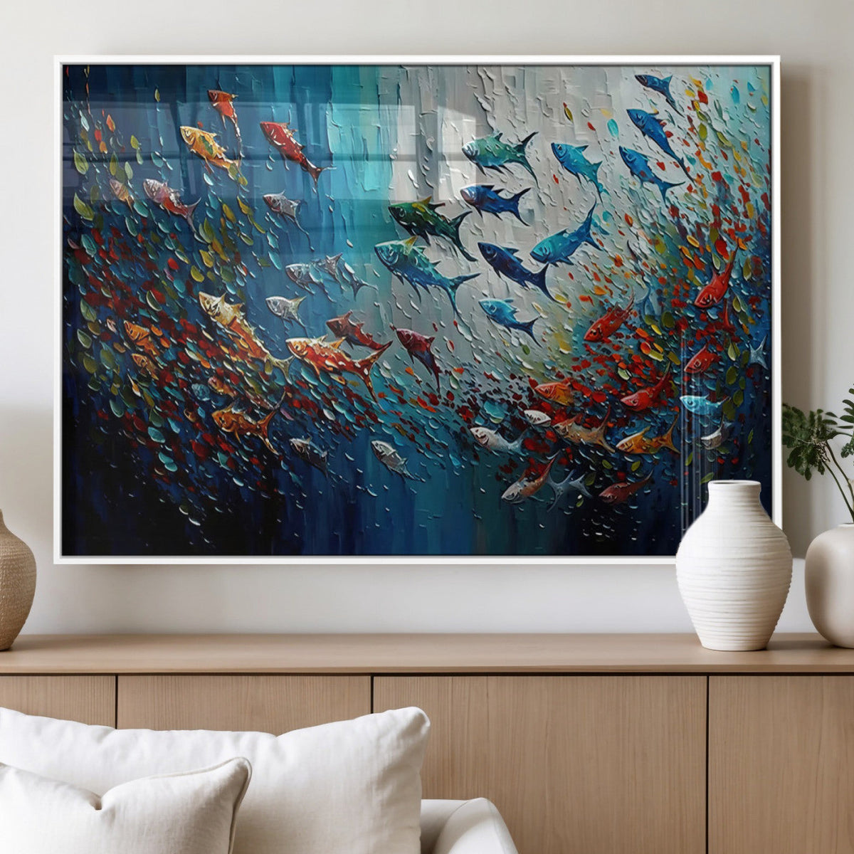 Modern Abstract Fish Shoal Wall Art Canvas Print, Colorful