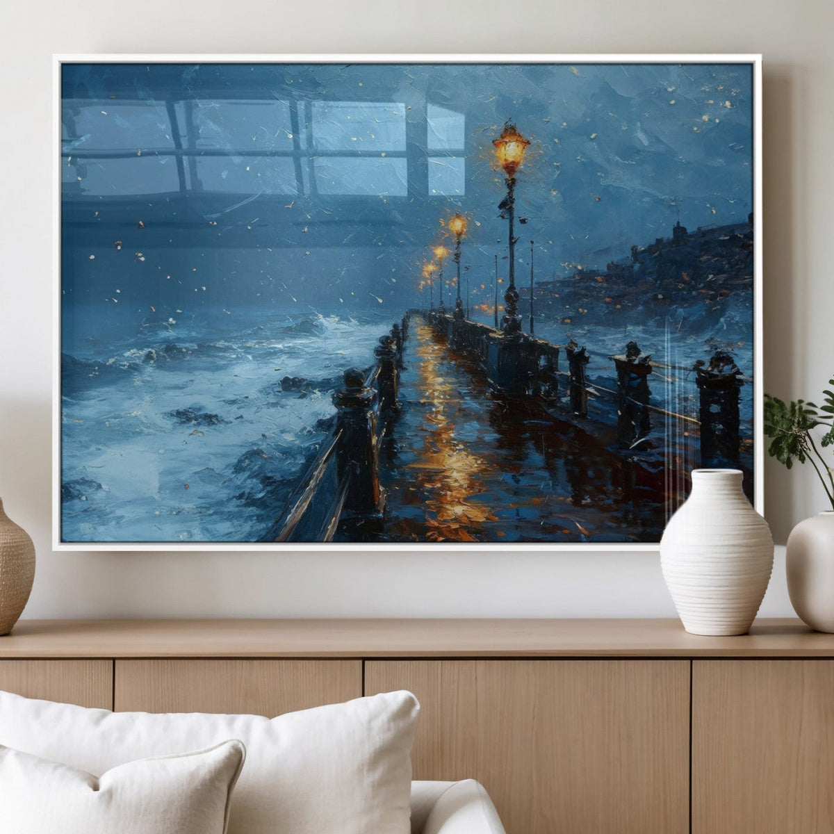 Stormy Night at Beach Pier Oil Painting Large Wall Art