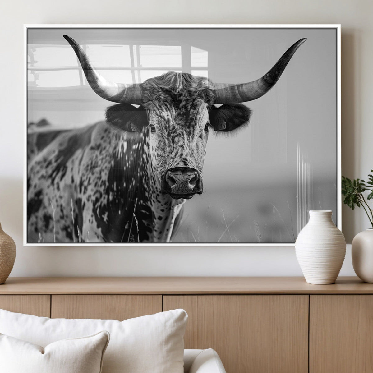 Texas Highland Cow Longhorn Canvas Print - Rustic Farmhouse