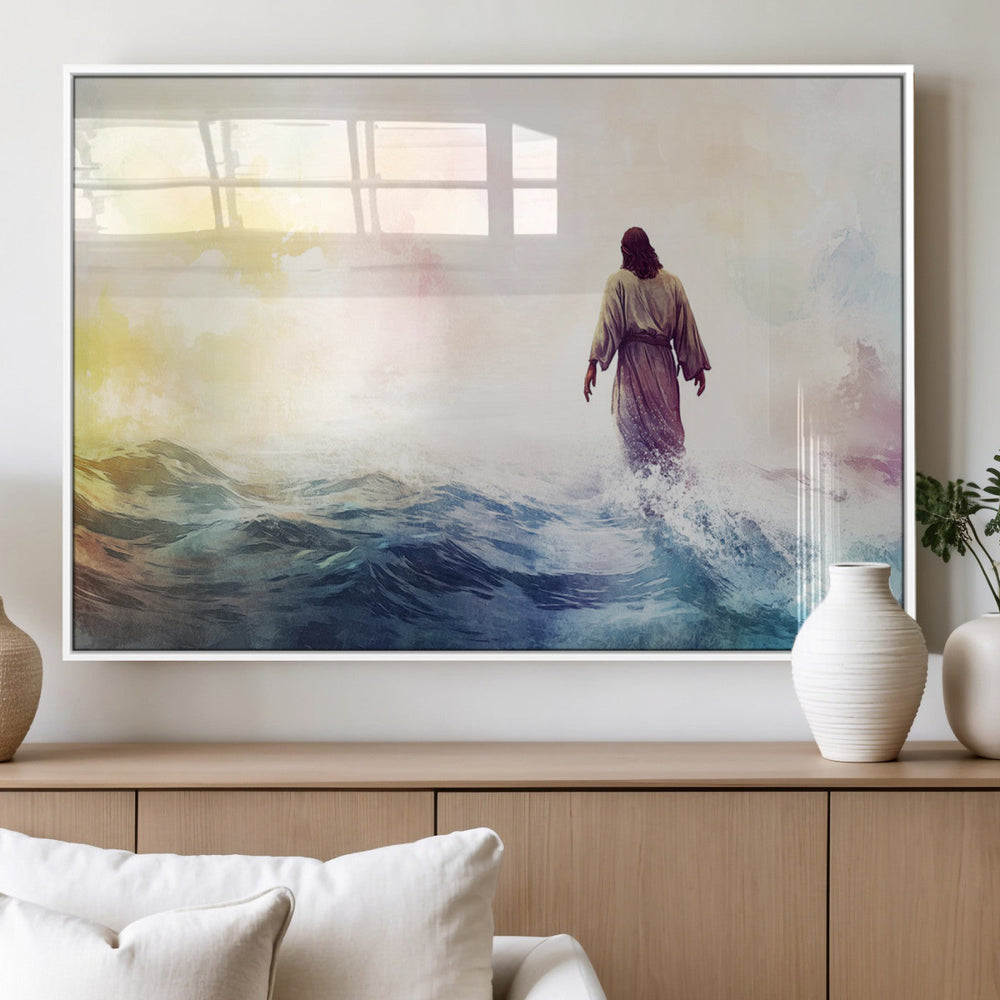 Watercolor Jesus Walking on Water Canvas Print, Christian