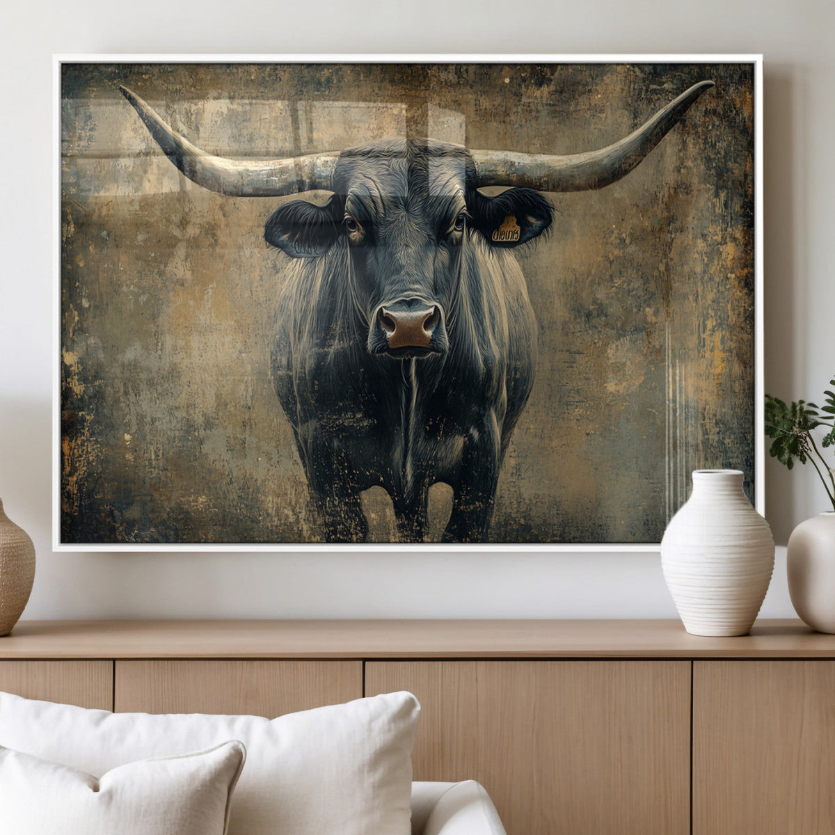 Texas Longhorn Bull Wall Art – Framed Rustic Cow Canvas