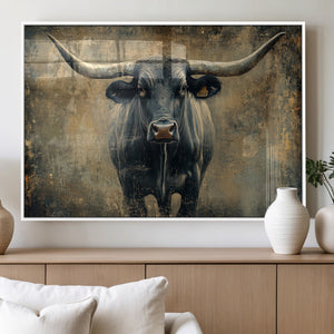Texas Longhorn Bull Wall Art – Framed Rustic Cow Canvas