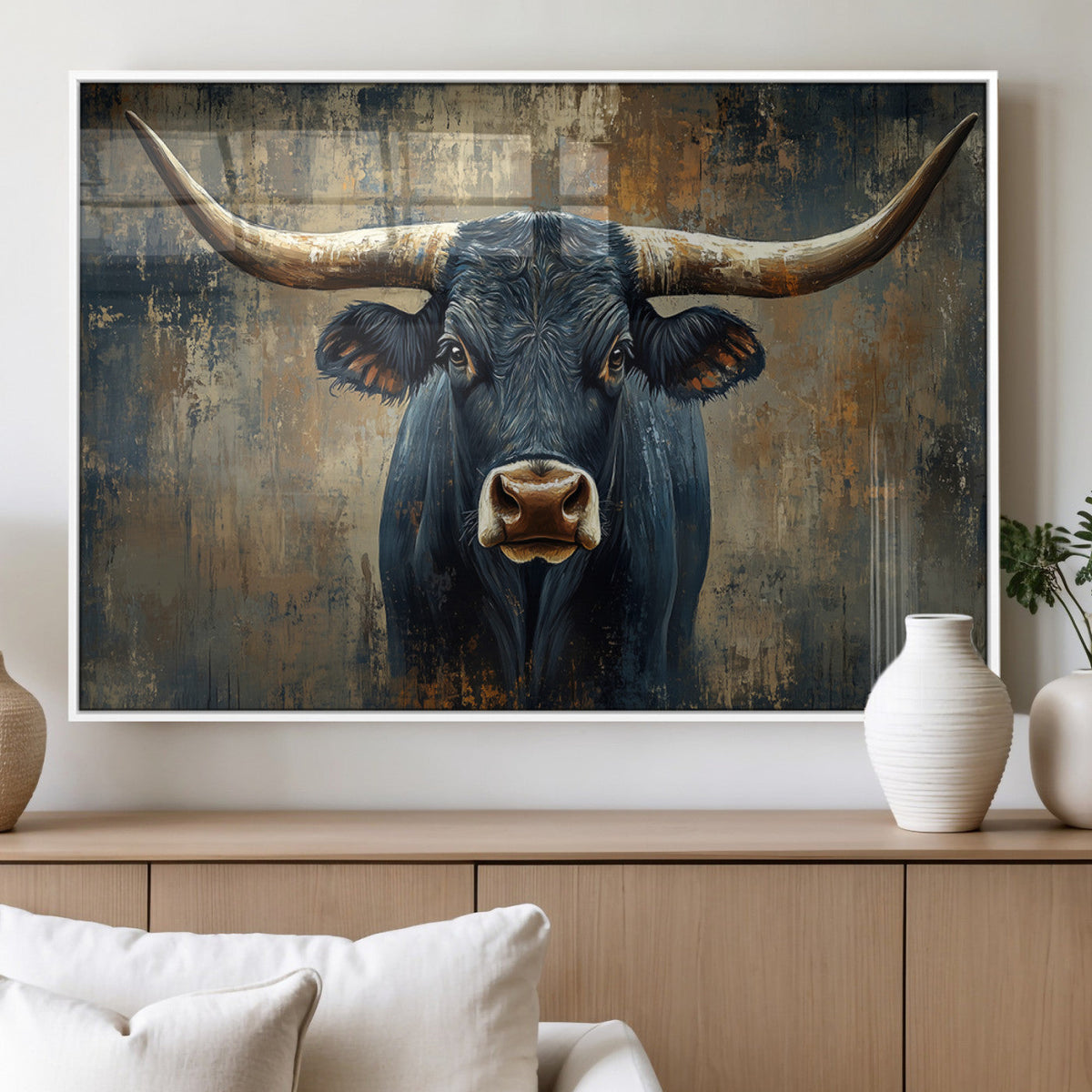 Texas Western Wall Art Canvas Print - Abstract Cow Longhorn