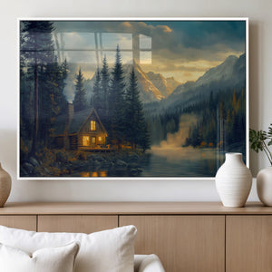Mountain Cabin by the Lake at Sunset Wall Art - Serene