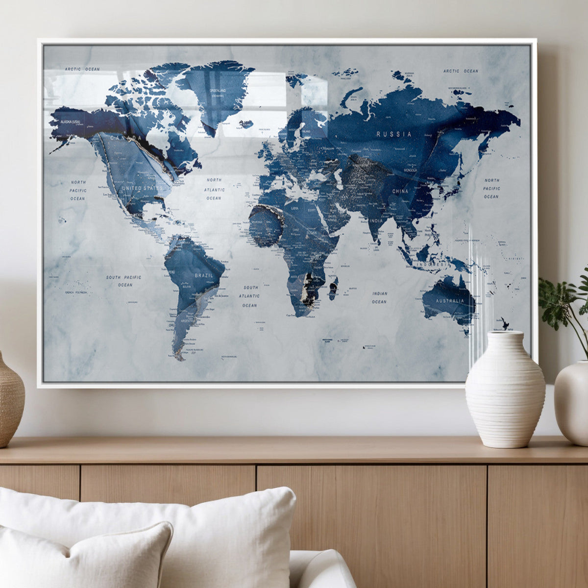 Modern Blue World Map Canvas Print – Framed Wall Art,