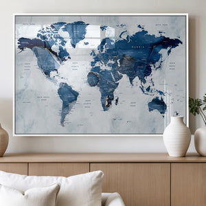 Modern Blue World Map Canvas Print – Framed Wall Art,