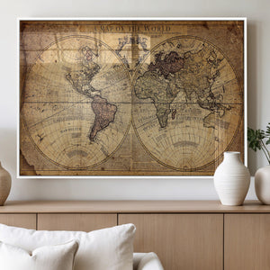 Vintage World Map Wall Art Canvas – Antique Style Push Pin