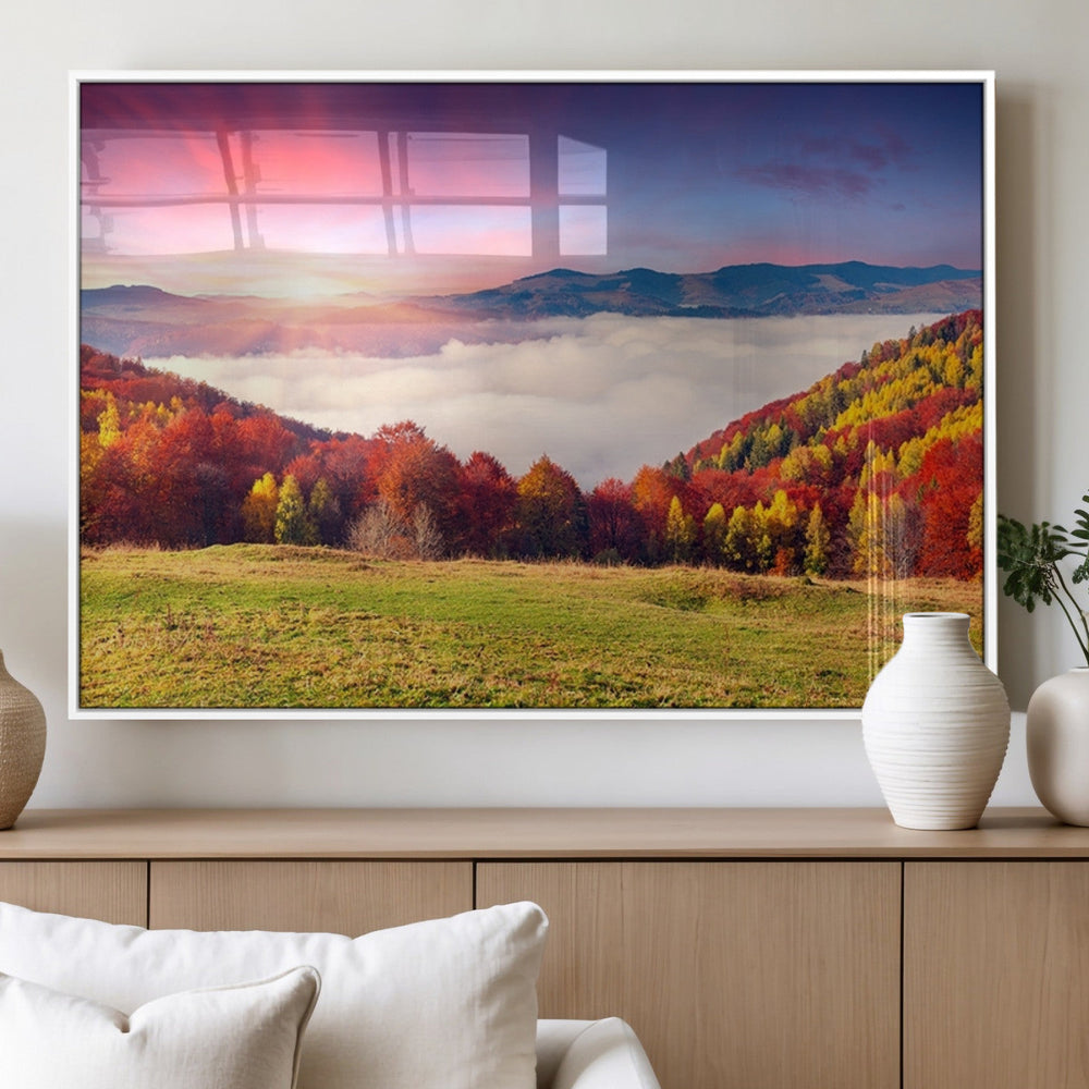 Autumn Mountain Foggy Landscape Wall Art Canvas Print |