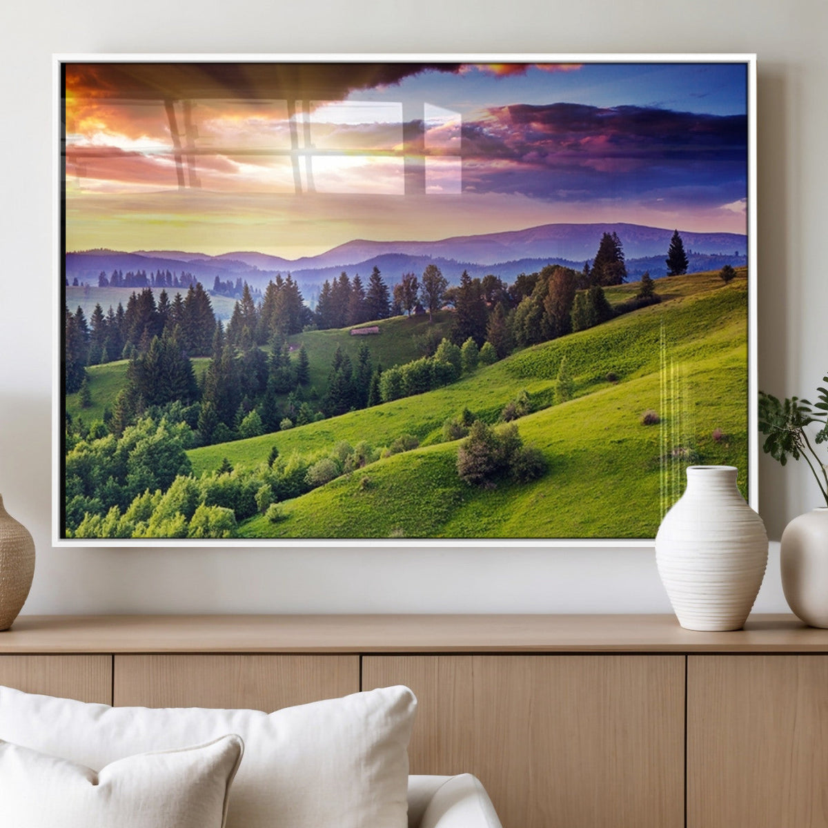 Green Hills and Sunset Wall Art Print - Scenic Landscape