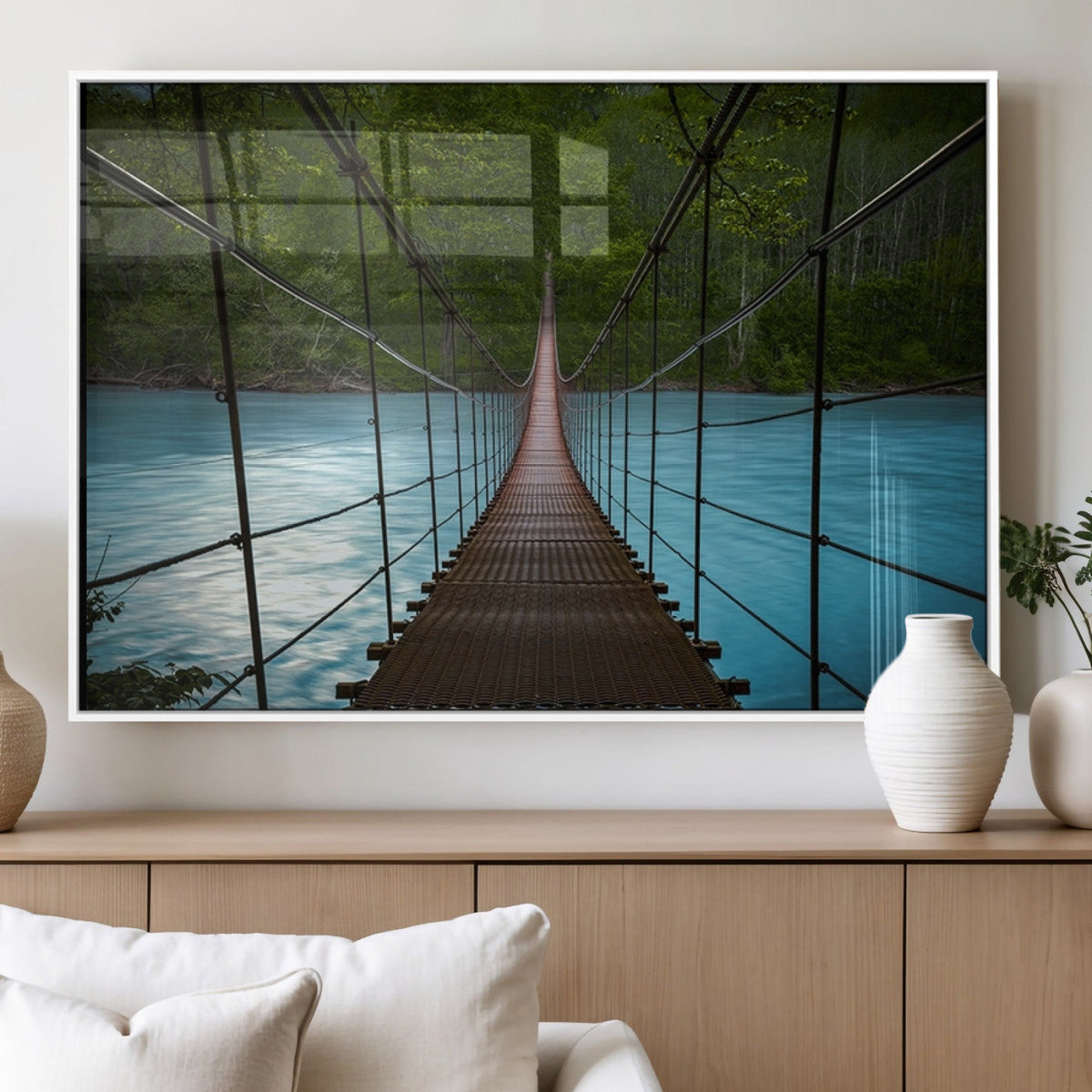 Suspension Bridge Over River Canvas Art | 3-Panel Nature