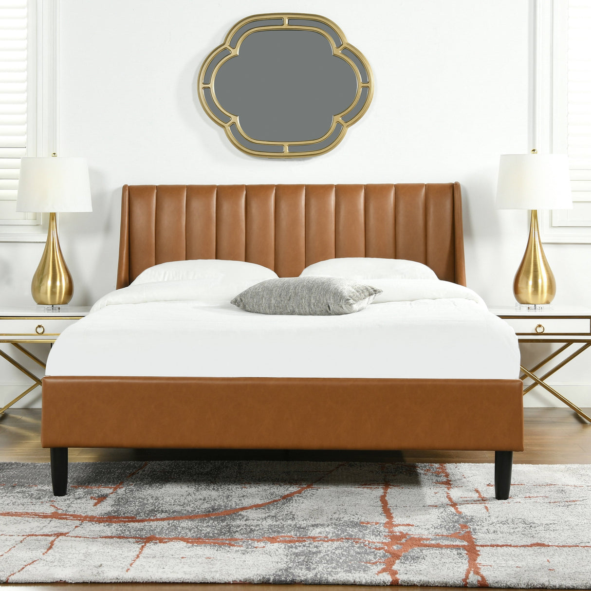 Aspen Vertical Tufted Modern Headboard Platform Bed Set, Queen, Caramel Tan Brown Faux Leather