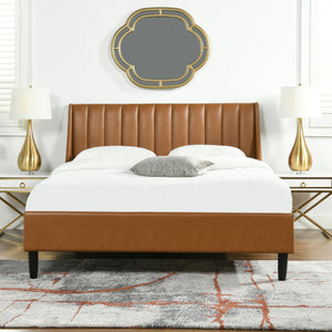 Aspen Vertical Tufted Modern Headboard Platform Bed Set, Queen, Caramel Tan Brown Faux Leather